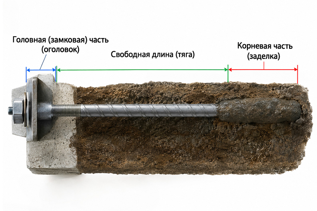 Конструкция грунтового анкера и основные элементы